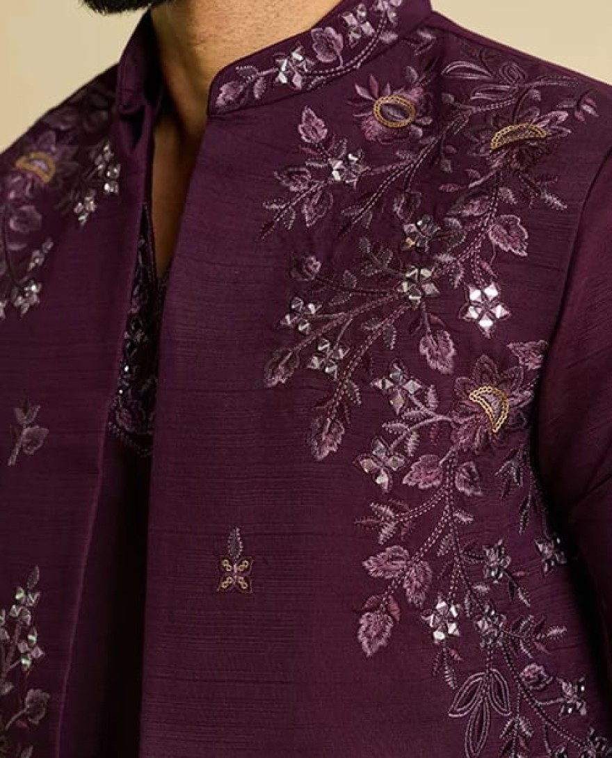 MAROON - Royal Maroon Mirror Work Koti Kurta Set for Mens Wear